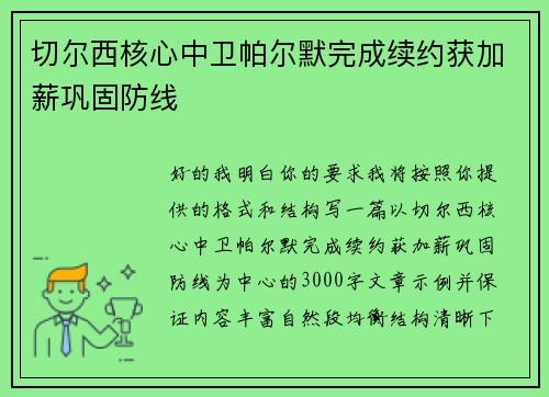 切尔西核心中卫帕尔默完成续约获加薪巩固防线