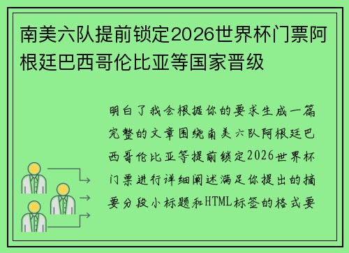 南美六队提前锁定2026世界杯门票阿根廷巴西哥伦比亚等国家晋级
