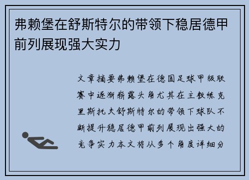 弗赖堡在舒斯特尔的带领下稳居德甲前列展现强大实力